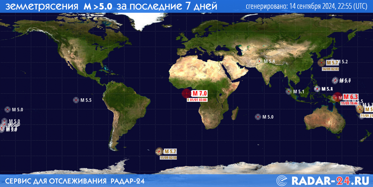 Землетрясения магнитудой 5.0 и более за последние 7 дней