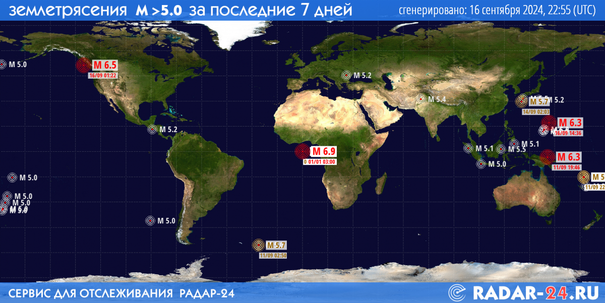 Землетрясения магнитудой 5.0 и более за последние 7 дней