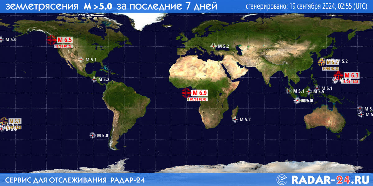 Землетрясения магнитудой 5.0 и более за последние 7 дней