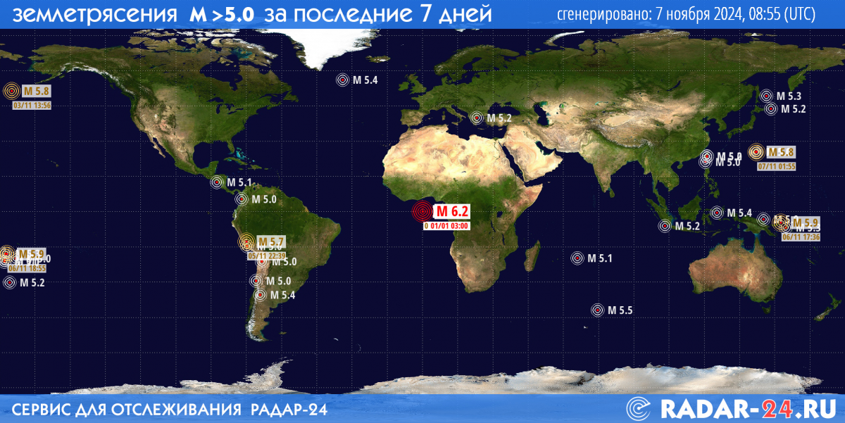 Землетрясения магнитудой 5.0 и более за последние 7 дней