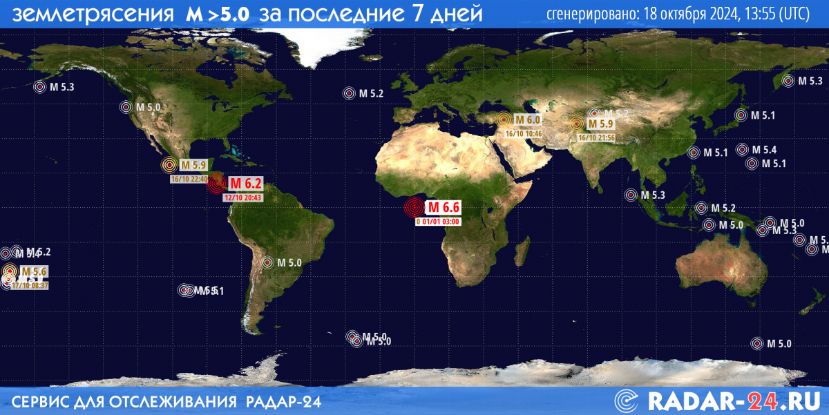 Землетрясения магнитудой 5.0 и более за последние 7 дней