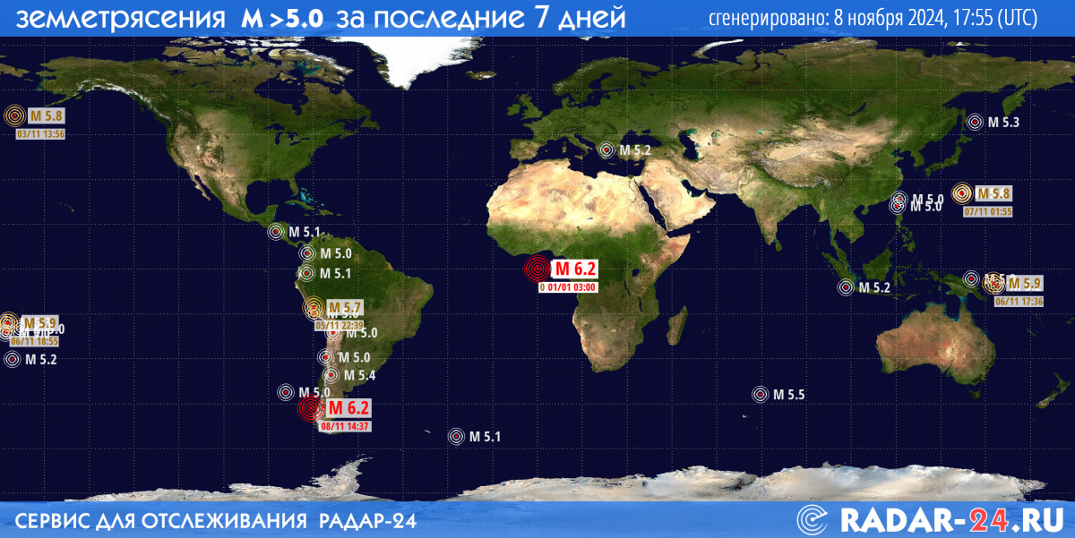 Землетрясения магнитудой 5.0 и более за последние 7 дней