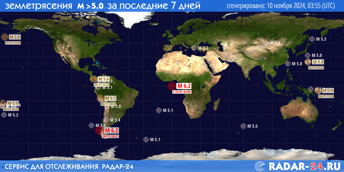 Землетрясения магнитудой 5.0 и более за последние 7 дней