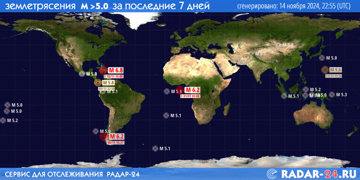 Землетрясения магнитудой 5.0 и более за последние 7 дней