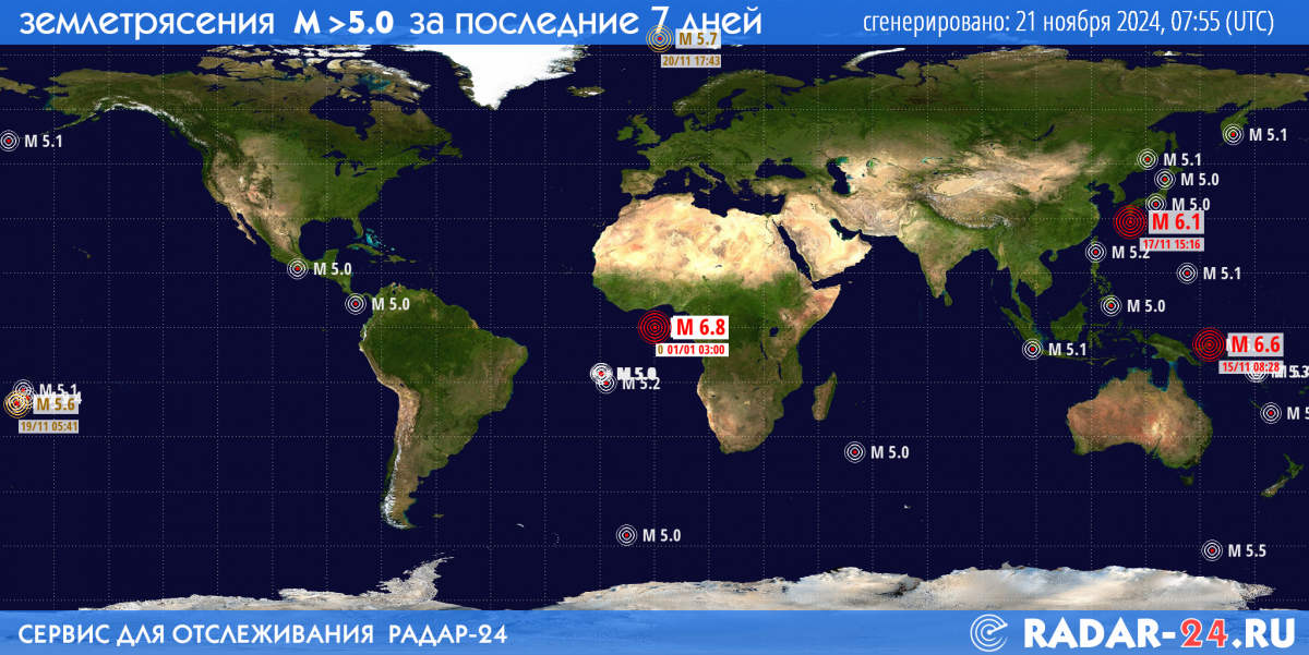 Землетрясения магнитудой 5.0 и более за последние 7 дней