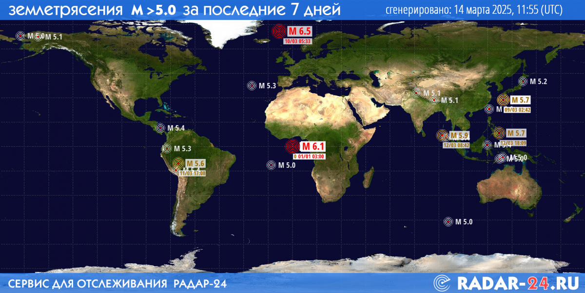 Землетрясения магнитудой 5.0 и более за последние 7 дней