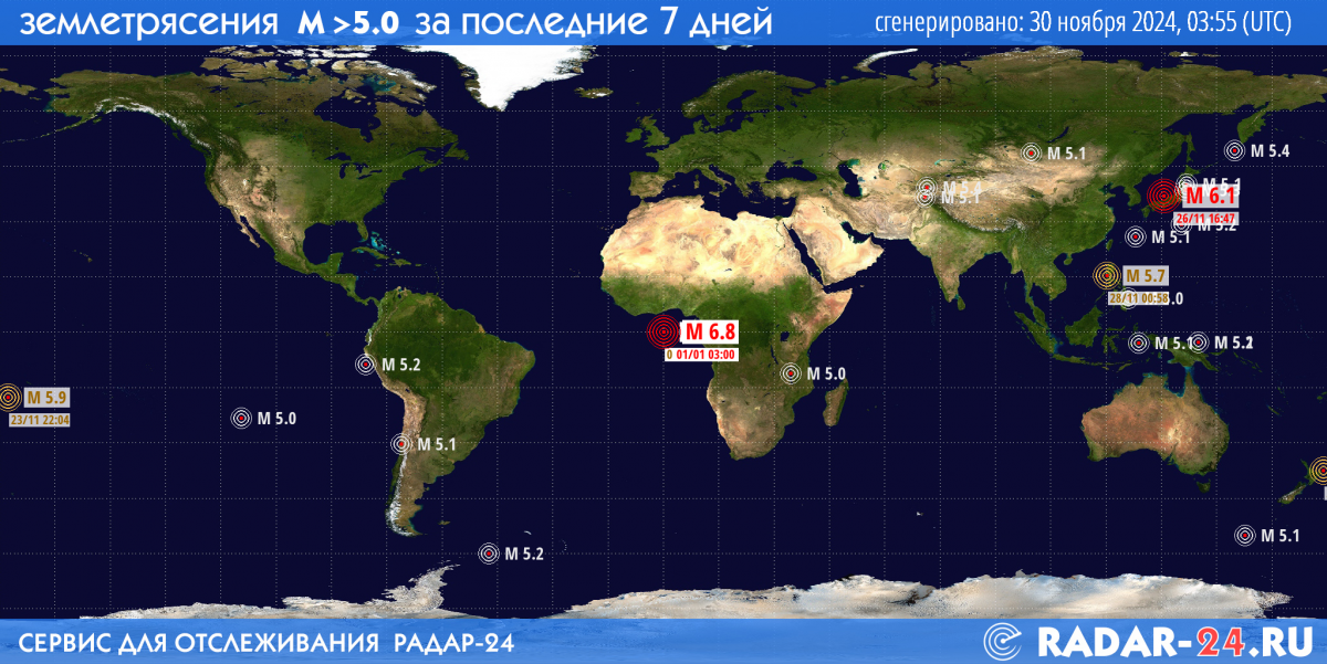 Землетрясения магнитудой 5.0 и более за последние 7 дней