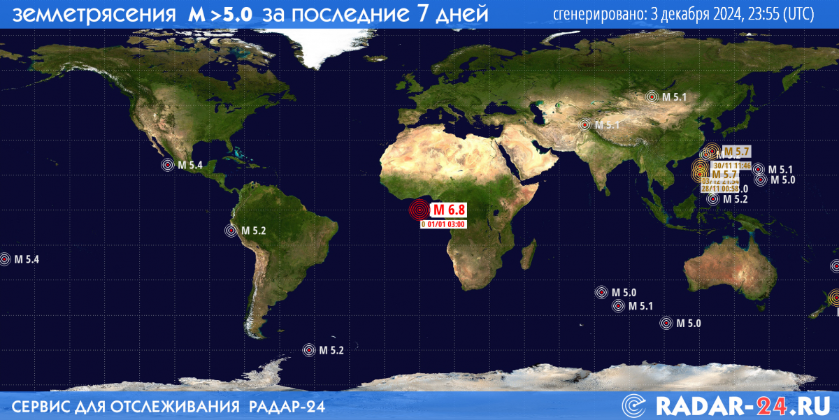 Землетрясения магнитудой 5.0 и более за последние 7 дней