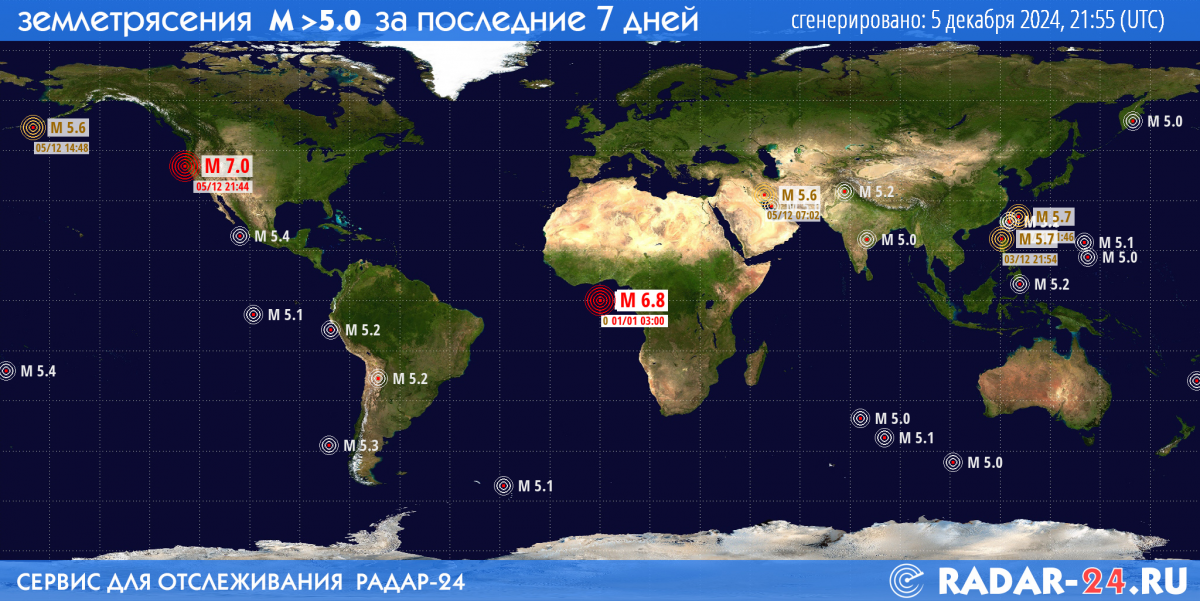 Землетрясения магнитудой 5.0 и более за последние 7 дней