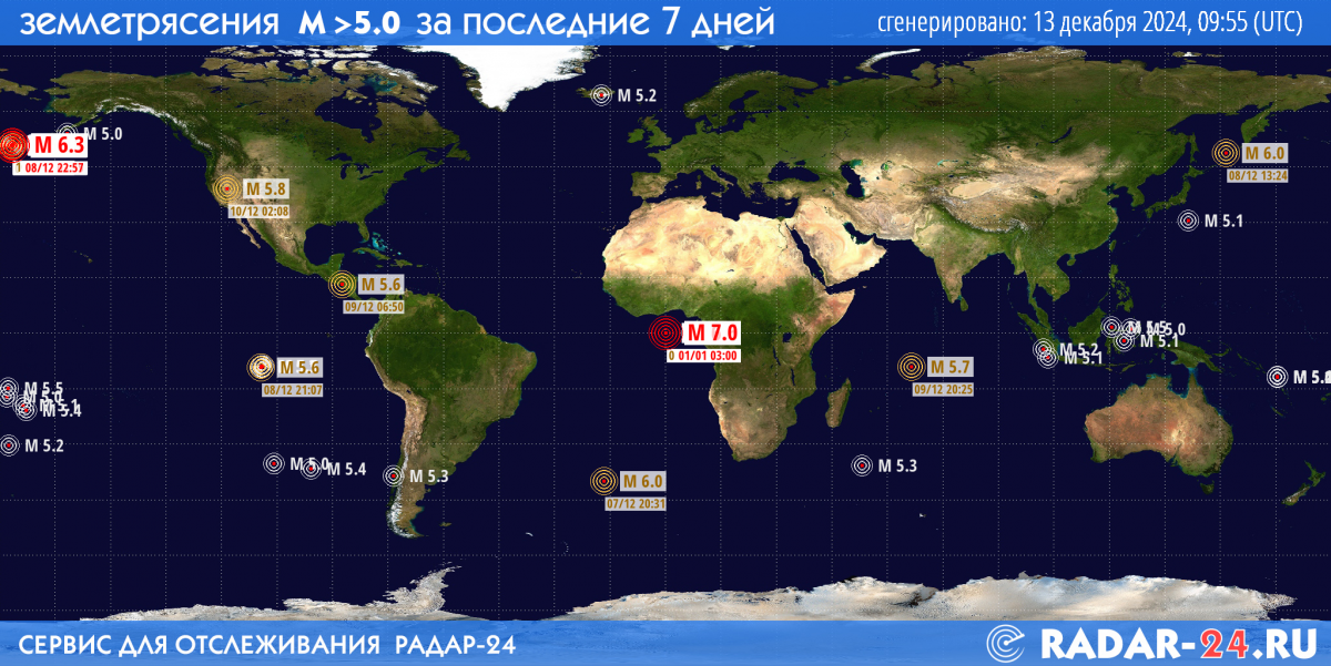 Землетрясения магнитудой 5.0 и более за последние 7 дней