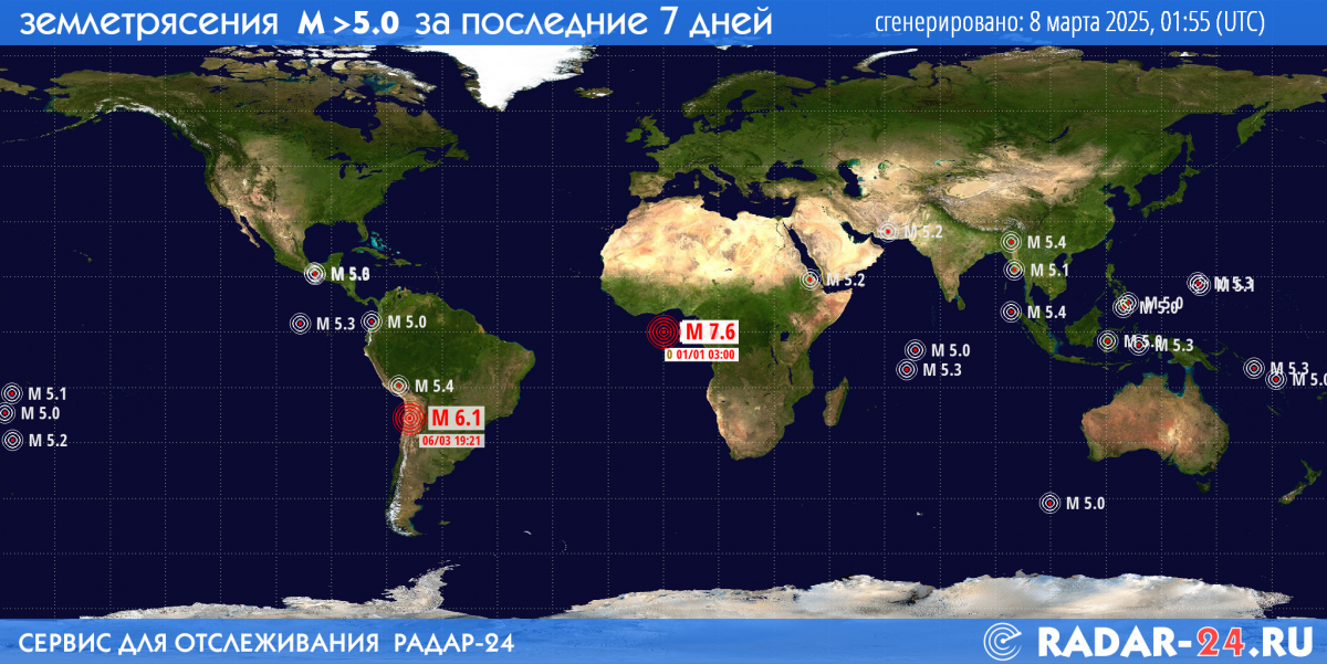 Землетрясения магнитудой 5.0 и более за последние 7 дней