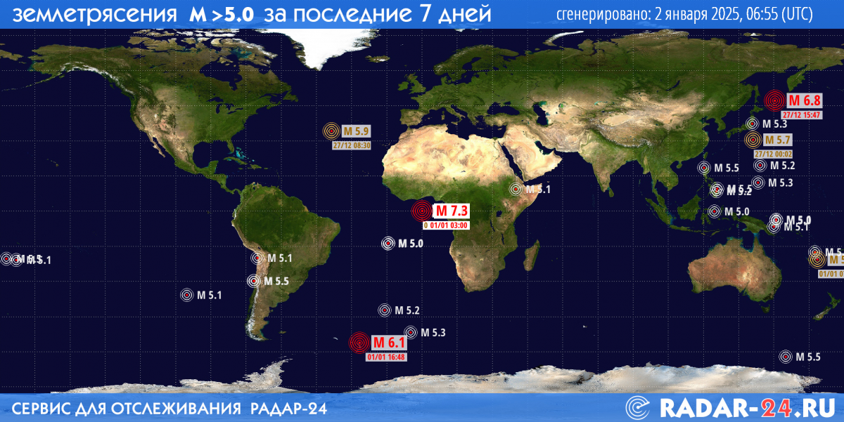 Землетрясения магнитудой 5.0 и более за последние 7 дней