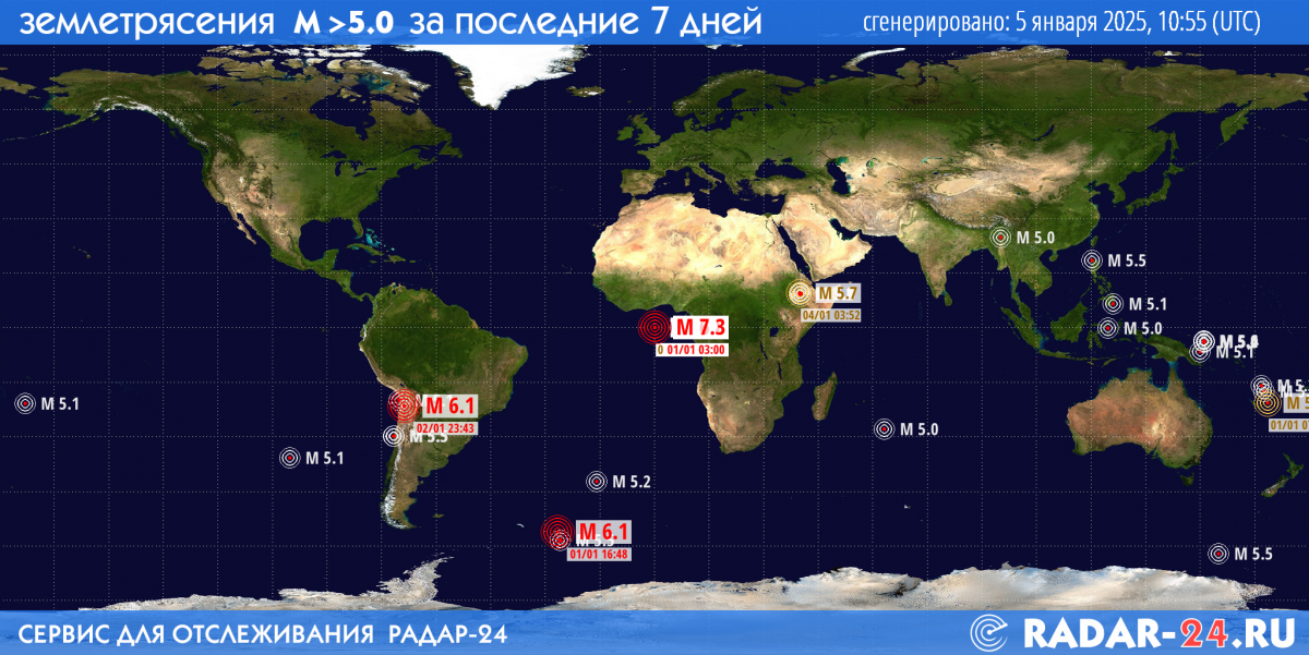 Землетрясения магнитудой 5.0 и более за последние 7 дней