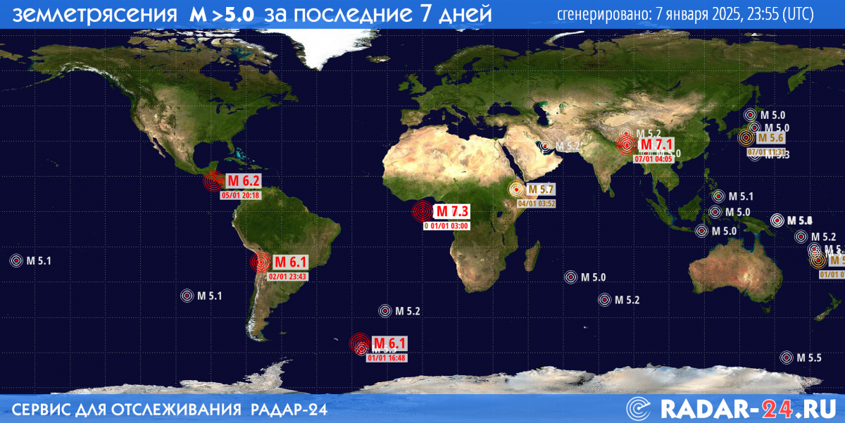 Землетрясения магнитудой 5.0 и более за последние 7 дней