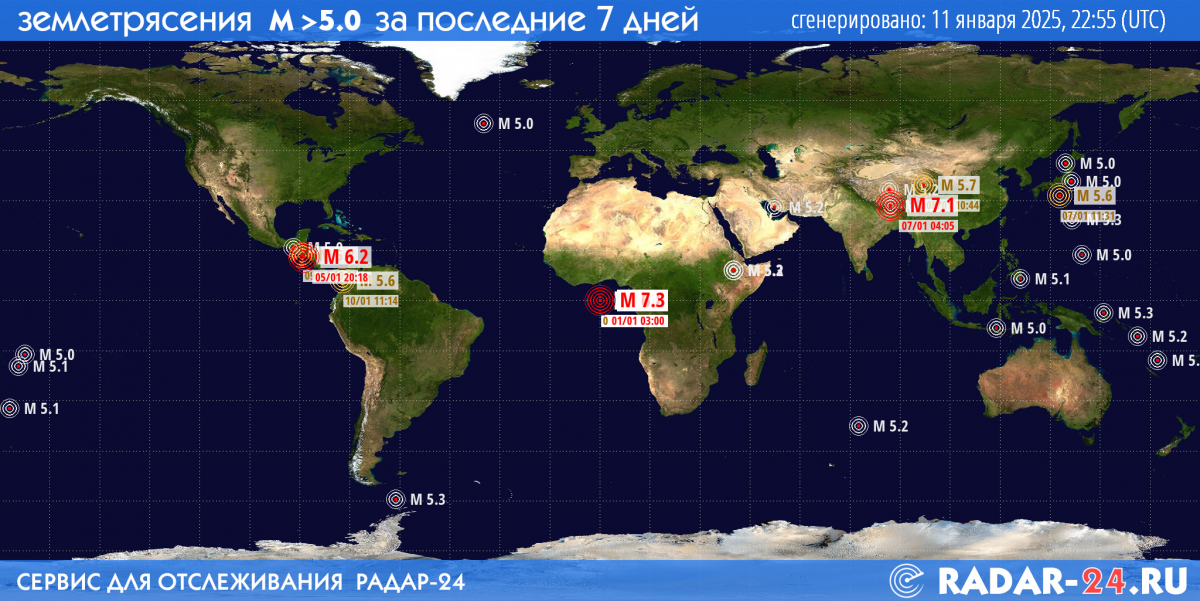 Землетрясения магнитудой 5.0 и более за последние 7 дней