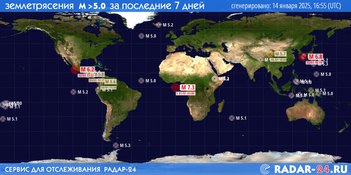 Землетрясения магнитудой 5.0 и более за последние 7 дней