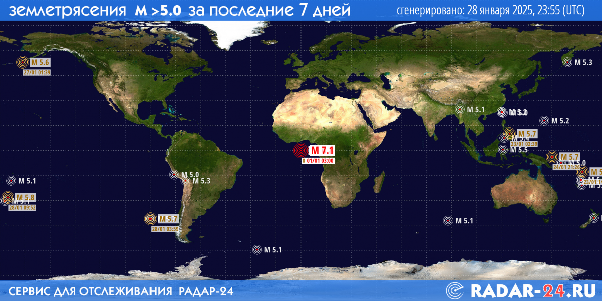 Землетрясения магнитудой 5.0 и более за последние 7 дней