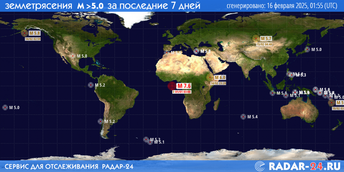 Землетрясения магнитудой 5.0 и более за последние 7 дней