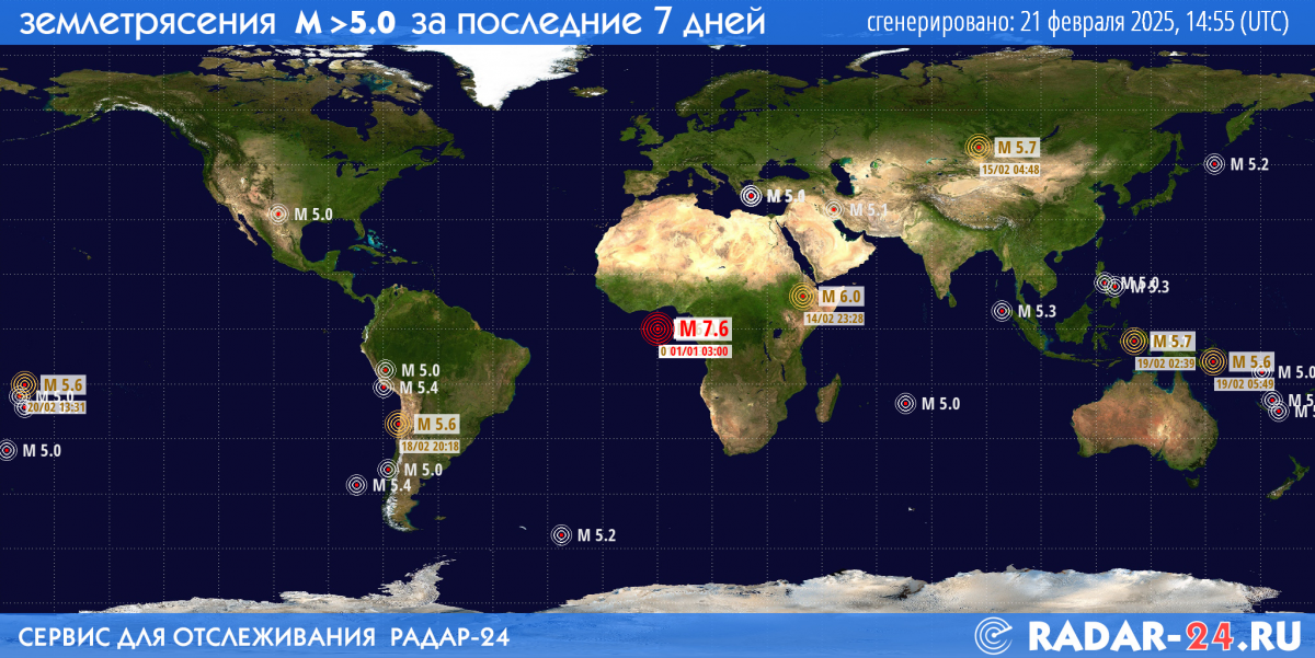 Землетрясения магнитудой 5.0 и более за последние 7 дней