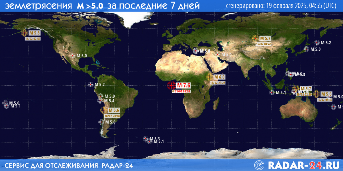 Землетрясения магнитудой 5.0 и более за последние 7 дней