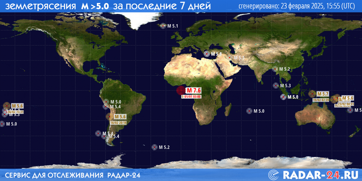 Землетрясения магнитудой 5.0 и более за последние 7 дней