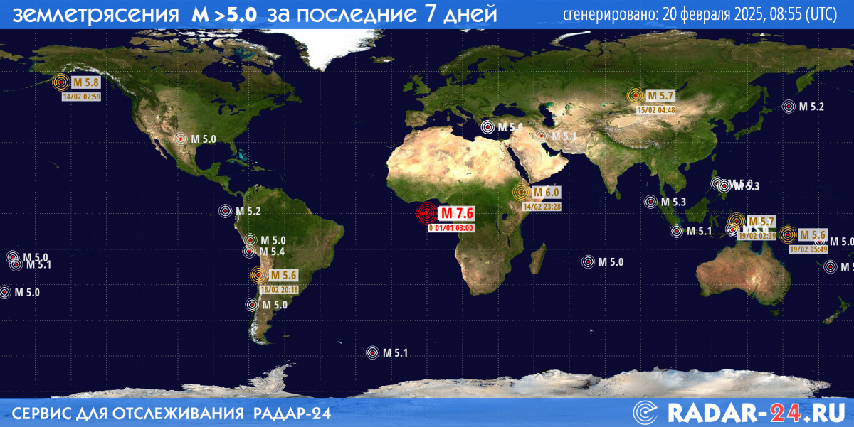 Землетрясения магнитудой 5.0 и более за последние 7 дней