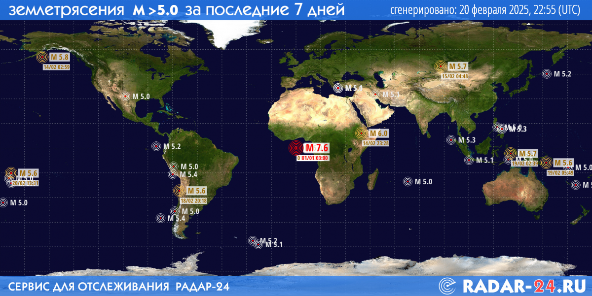 Землетрясения магнитудой 5.0 и более за последние 7 дней