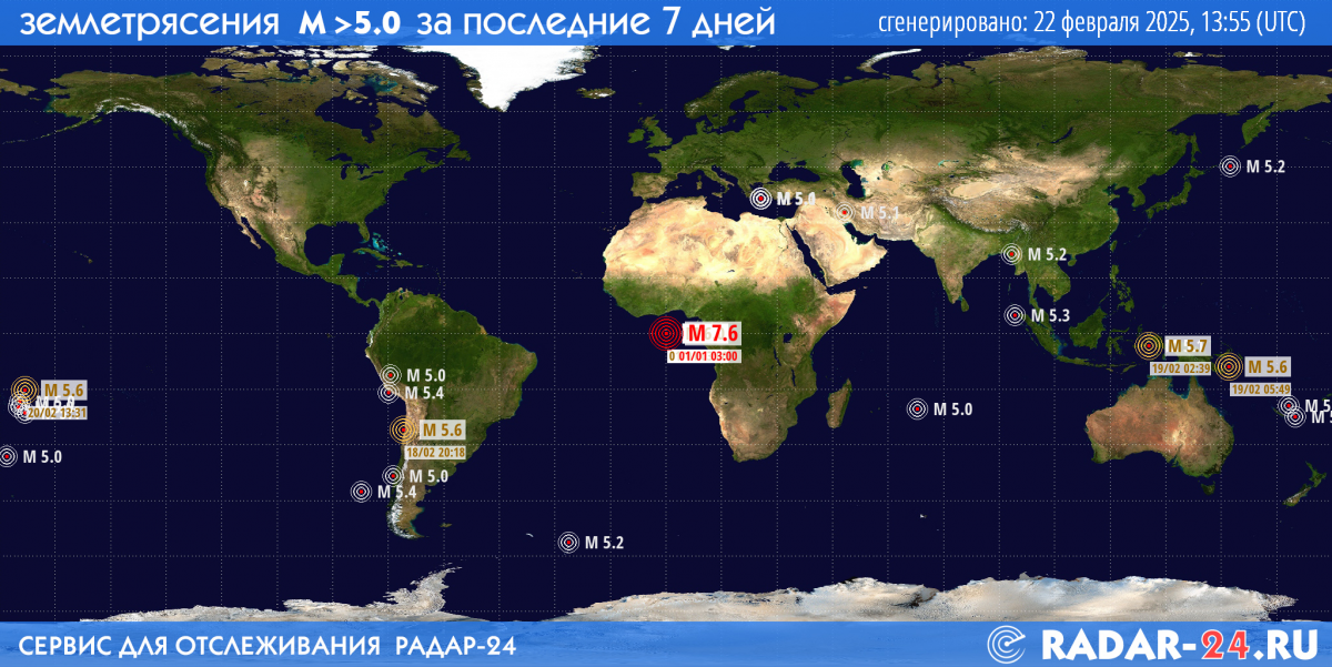 Землетрясения магнитудой 5.0 и более за последние 7 дней