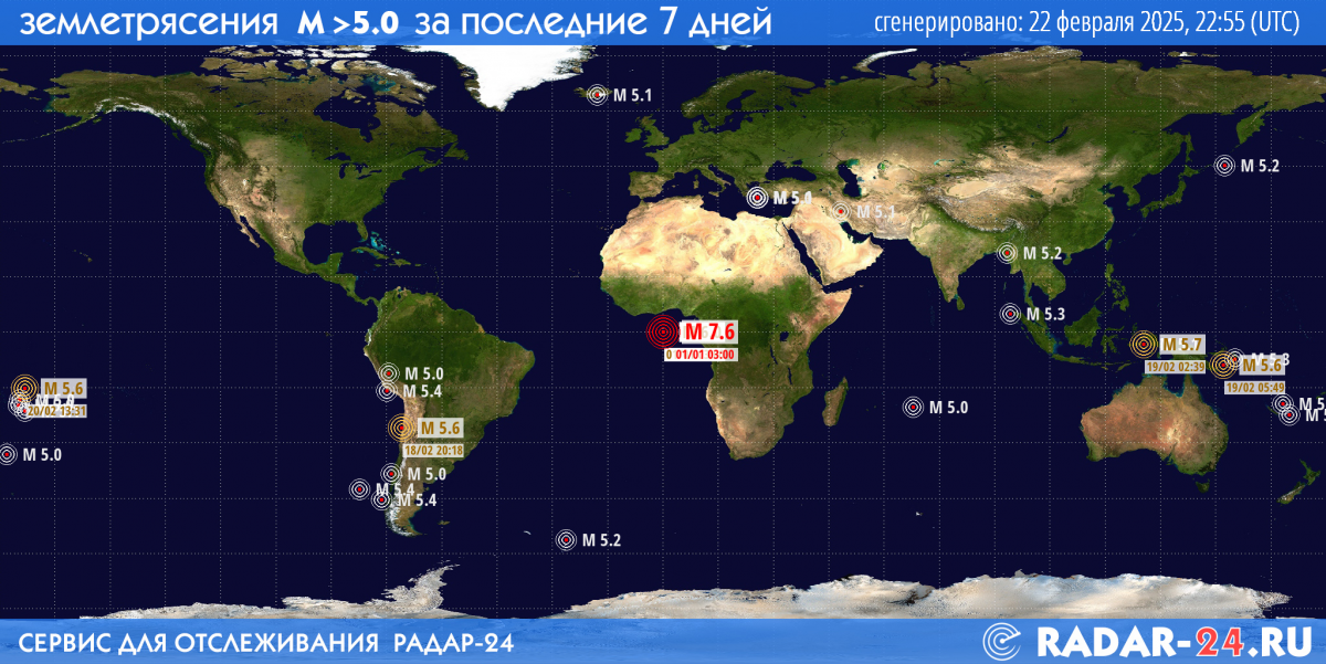 Землетрясения магнитудой 5.0 и более за последние 7 дней