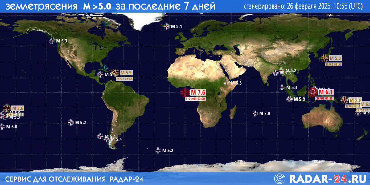 Землетрясения магнитудой 5.0 и более за последние 7 дней