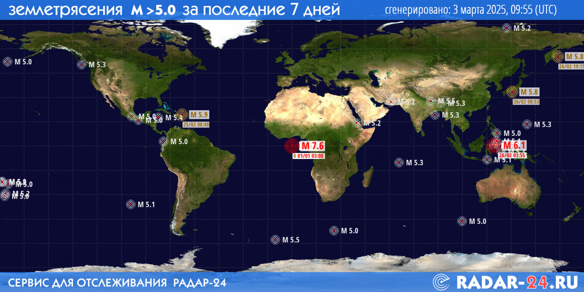 Землетрясения магнитудой 5.0 и более за последние 7 дней