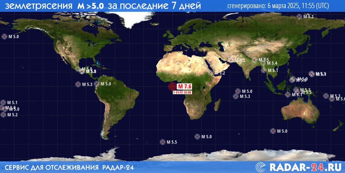 Землетрясения магнитудой 5.0 и более за последние 7 дней