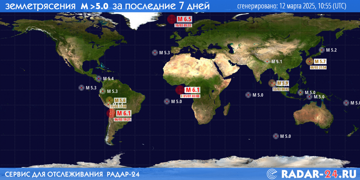 Землетрясения магнитудой 5.0 и более за последние 7 дней