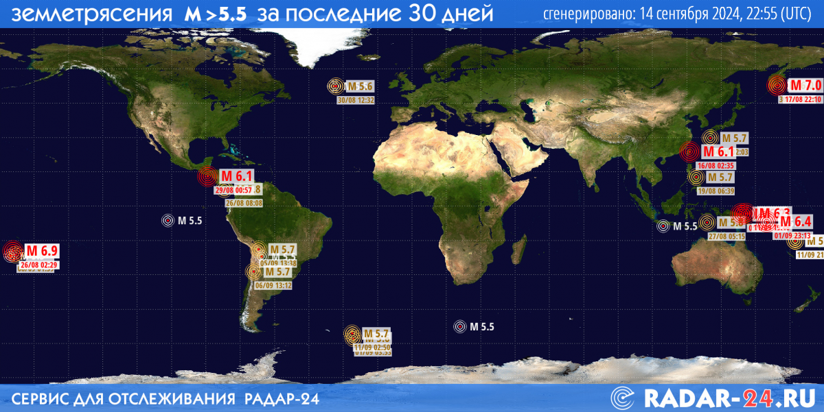 Землетрясения магнитудой 5.5 и более за последние 30 дней