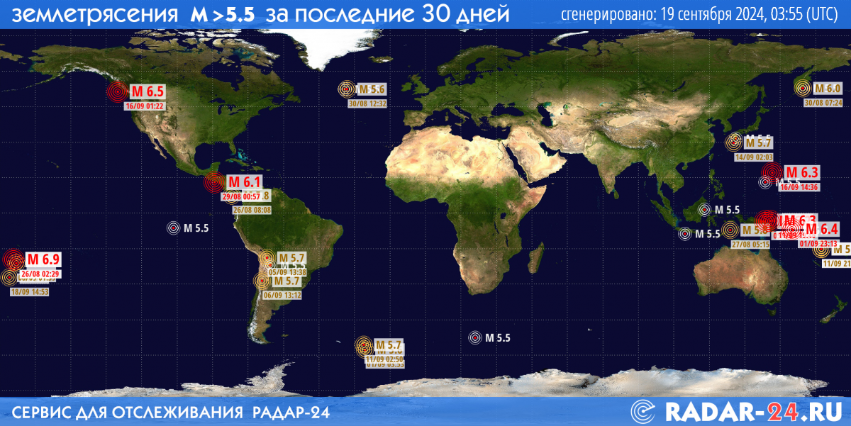 Землетрясения магнитудой 5.5 и более за последние 30 дней