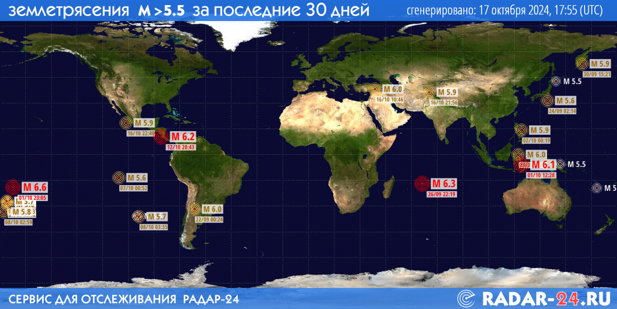 Землетрясения магнитудой 5.5 и более за последние 30 дней