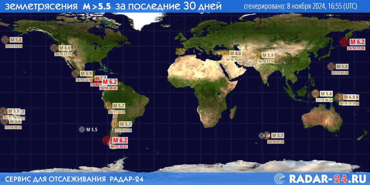 Землетрясения магнитудой 5.5 и более за последние 30 дней