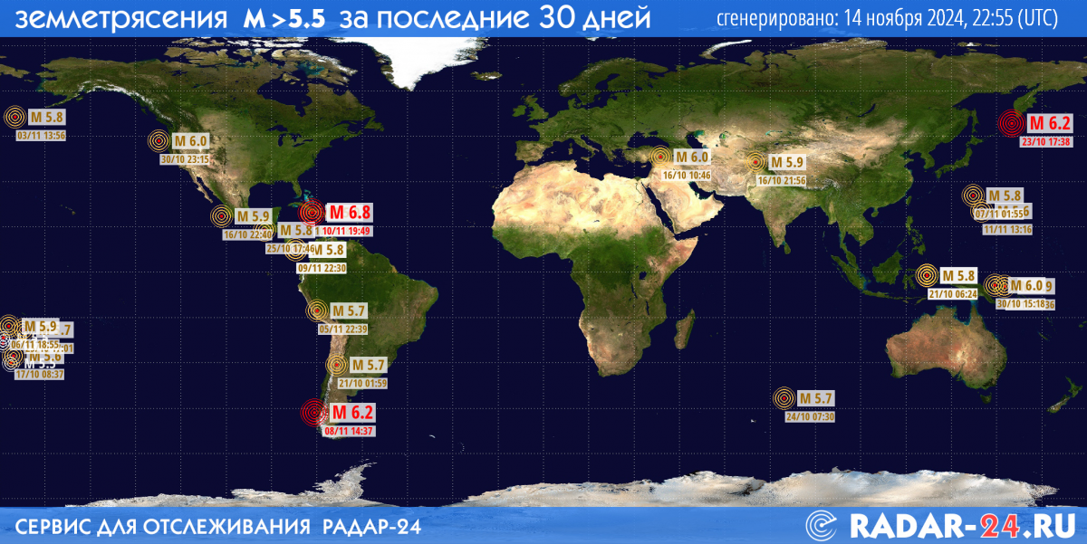 Землетрясения магнитудой 5.5 и более за последние 30 дней