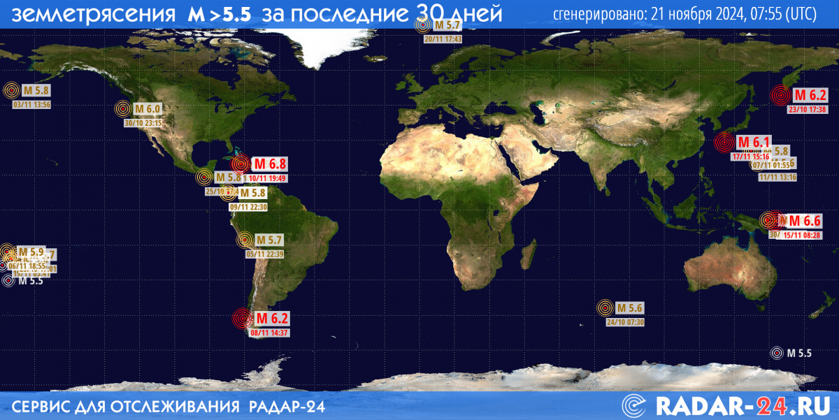 Землетрясения магнитудой 5.5 и более за последние 30 дней