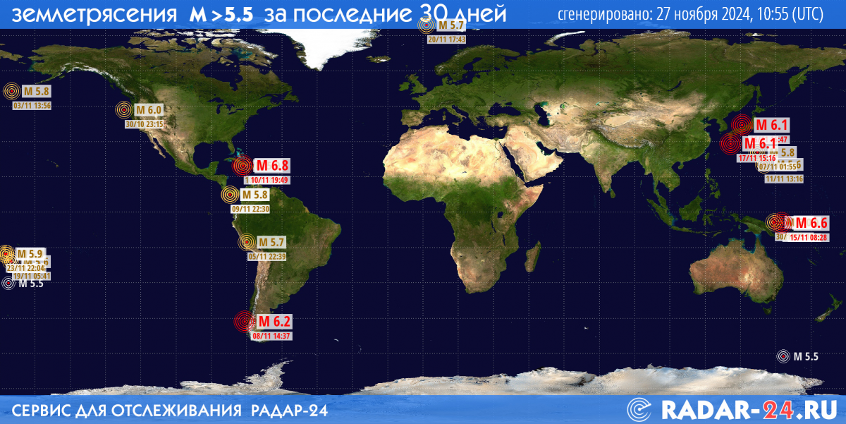 Землетрясения магнитудой 5.5 и более за последние 30 дней