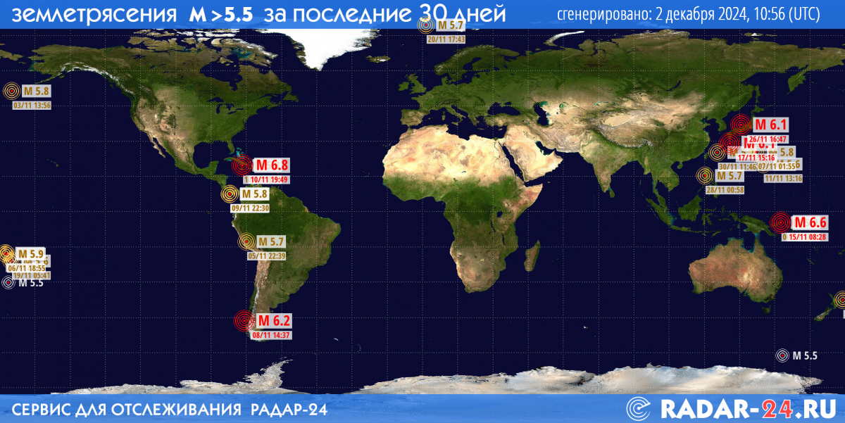 Землетрясения магнитудой 5.5 и более за последние 30 дней