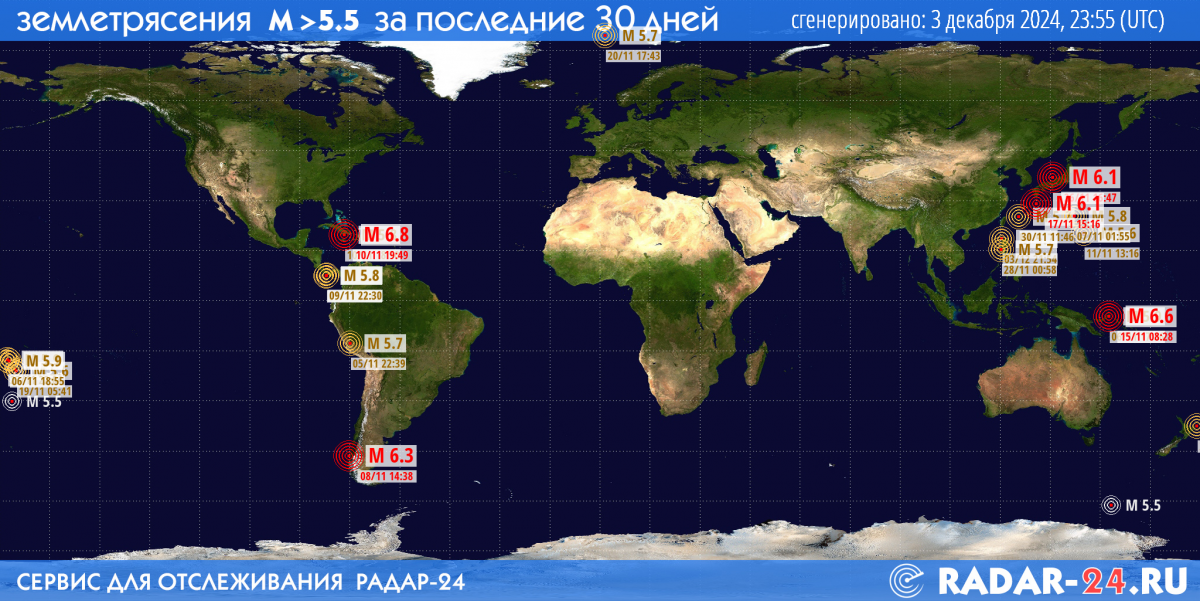 Землетрясения магнитудой 5.5 и более за последние 30 дней