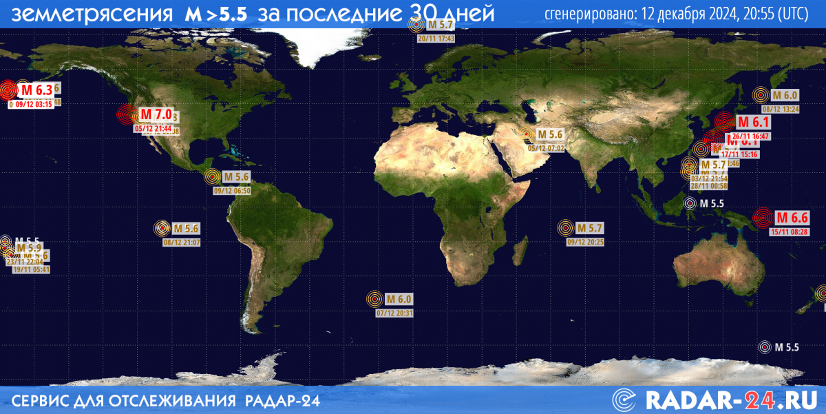 Землетрясения магнитудой 5.5 и более за последние 30 дней