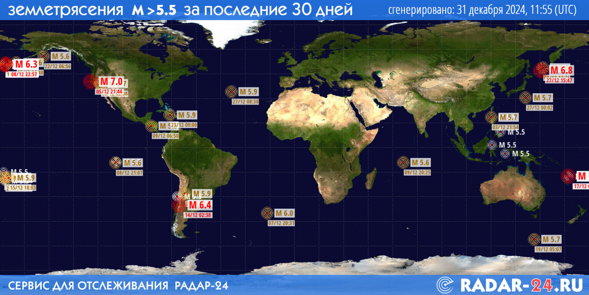 Землетрясения магнитудой 5.5 и более за последние 30 дней