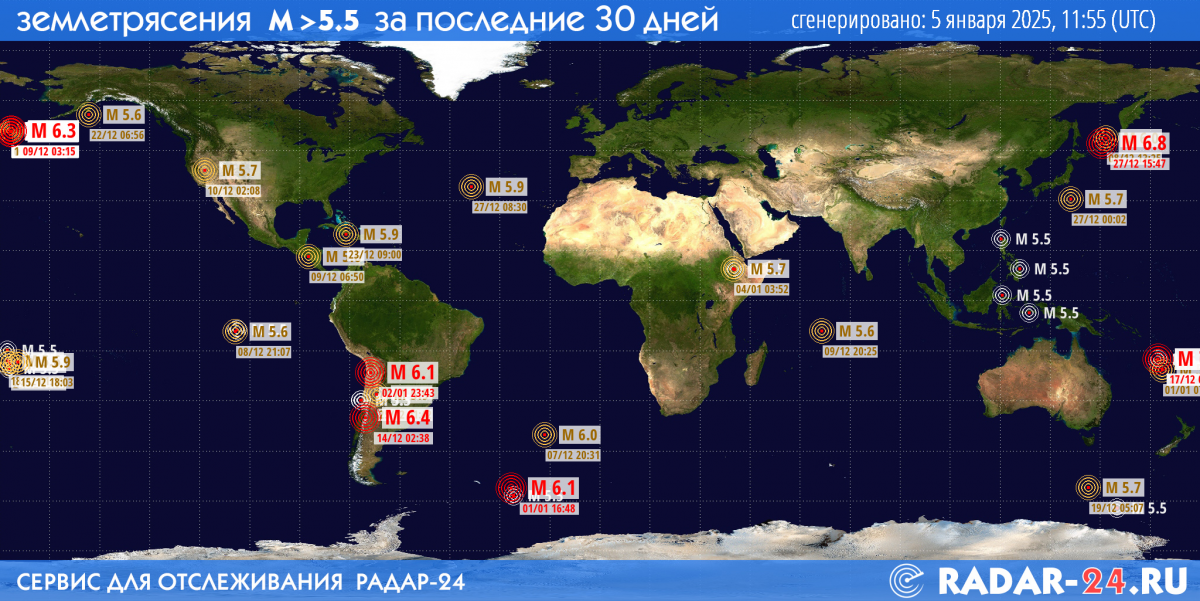 Землетрясения магнитудой 5.5 и более за последние 30 дней