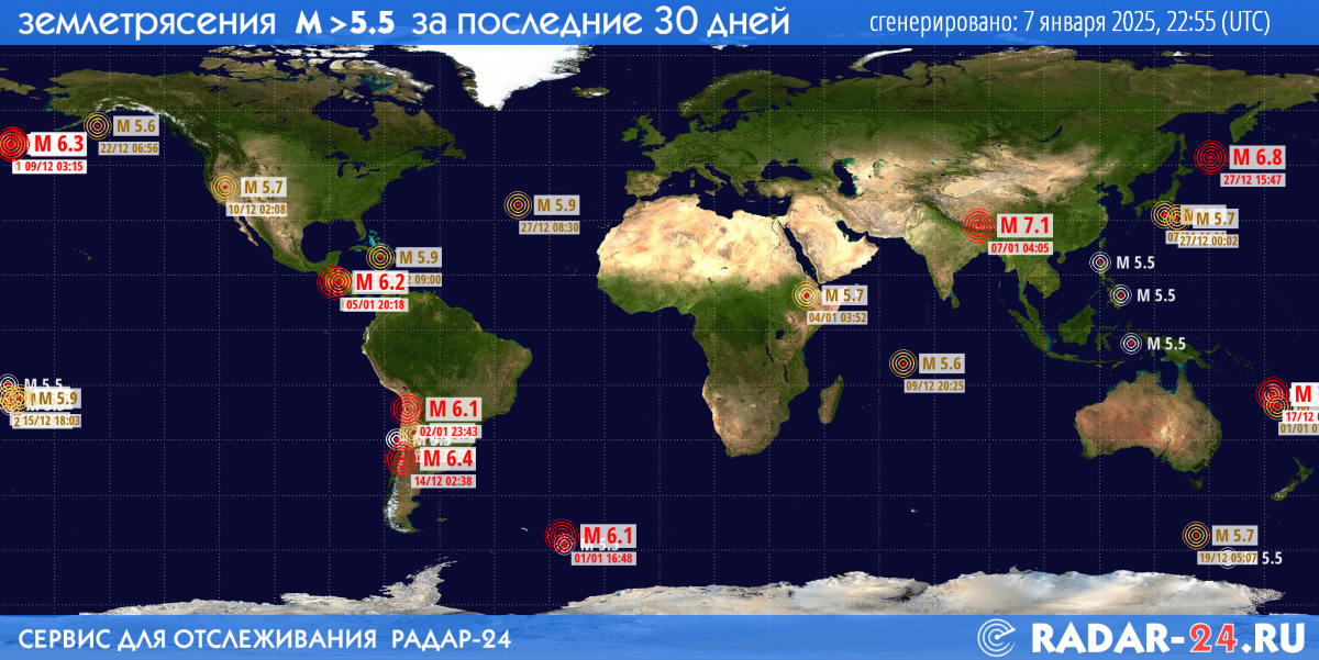 Землетрясения магнитудой 5.5 и более за последние 30 дней