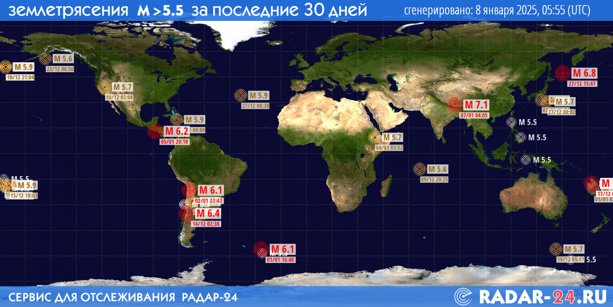 Землетрясения магнитудой 5.5 и более за последние 30 дней