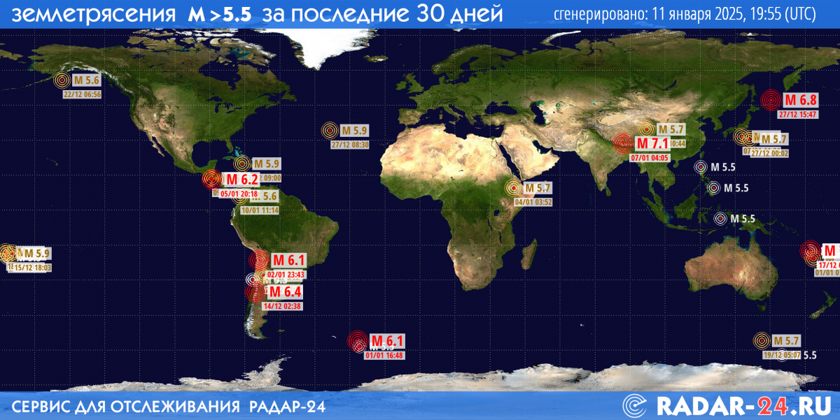 Землетрясения магнитудой 5.5 и более за последние 30 дней