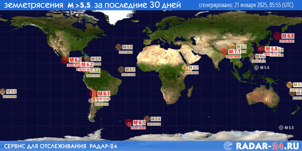 Землетрясения магнитудой 5.5 и более за последние 30 дней