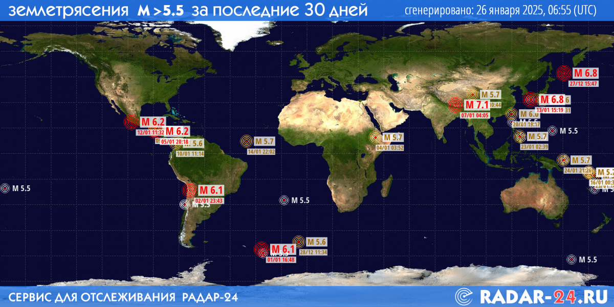 Землетрясения магнитудой 5.5 и более за последние 30 дней